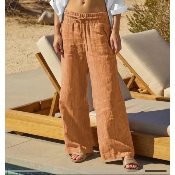 NWT Athleta Cabo Textured Wide Leg Linen Pants in Sienna Size 4 Airy Drawstring - Picture 1 of 6